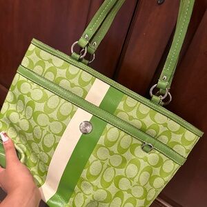 Coach Green and White Signature Tote